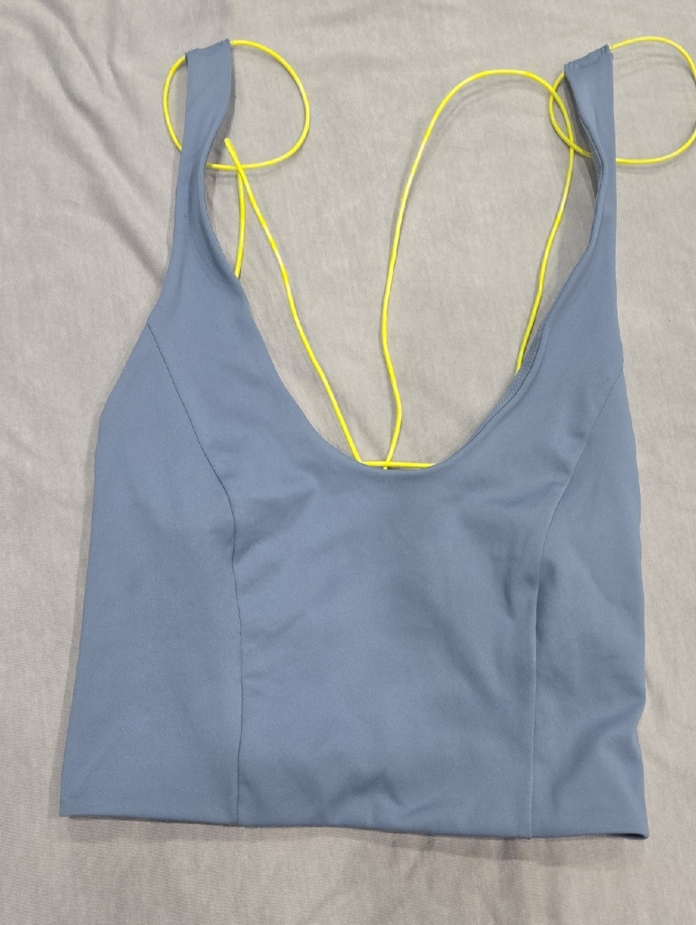 Women’s Scoop Neck Cropped Tank Top in Slate Blue with Neon Yellow Straps